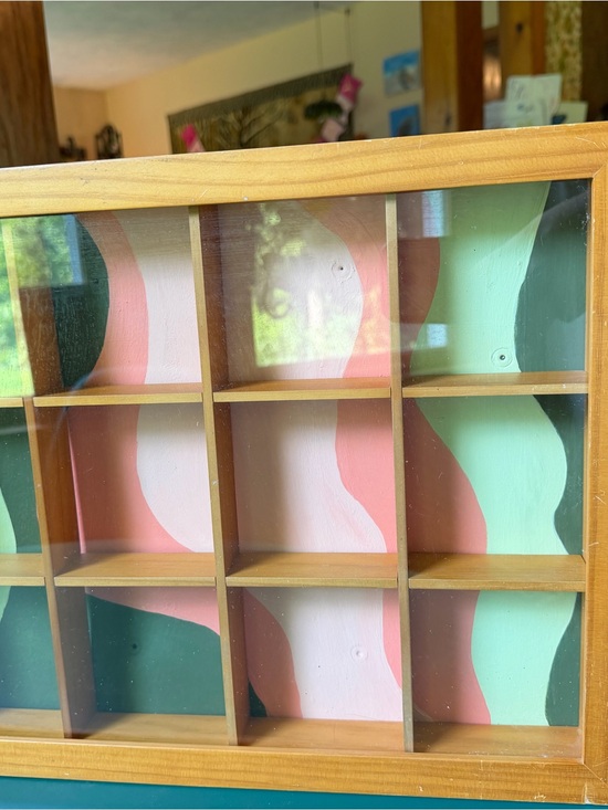Upcycled Other - Upcycled wooden shadow box  with Green, Pink & Cream Wave Backing